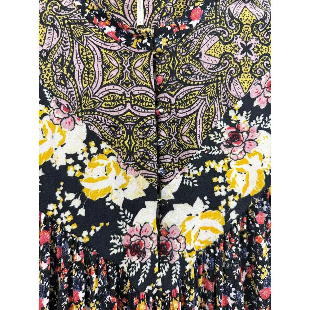 Free People Wildflower Fields Floral Tunic Blouse Boho Button Henley Top Sz L